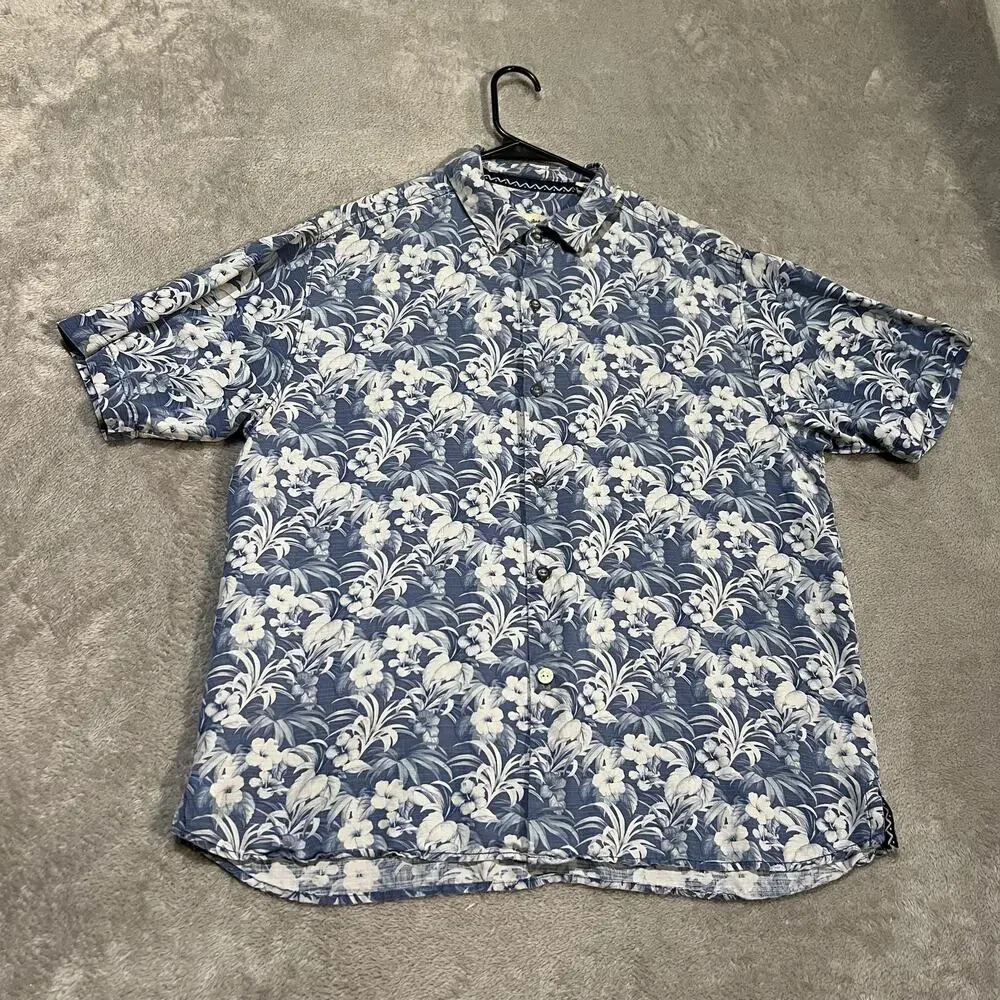 Tommy Bahama Shirt Mens Large Blue Silk Floral Hawaiian Button Up Original Fit